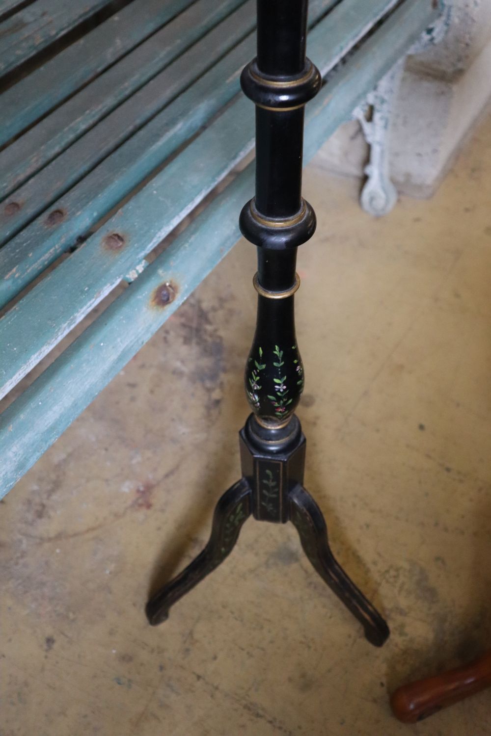 A Victorian satin walnut tripod wine table, 35cm diameter together with a Victorian painted tripod table